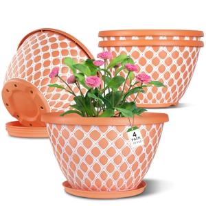 Nooulap 4 Pack 10 Inch Flower Pots with Drainage, Plastic Planters for Indoor Outdoor Plants, Orange Lattice Design Plant Pots for Balcony Patio Porch Garden Decor