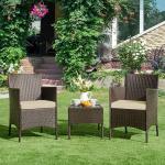 Yaheetech 3 Pieces Patio Porch Furniture Set, Outdoor PE Rattan Wicker Conversation Set with Soft Cushions, Glass Coffee Table & 2 Chairs for Garden/Deck/Courtyard/Poolside, Brown/Khaki