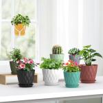 Meowell 7/6.5/6/5.5/5/4.5/4 inch Plant Pots for Indoor Outdoor Plants, 7 Pack Thick Flower Pots with Drainage Holes and Saucers, Modern Wave Texture Plastic Planter Pots for Nursery, Succulent, Black