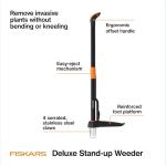Fiskars Stand-Up Weed Puller Tool, 4 Serrated Stainless Steel Claws Grip Roots for Permanent Removal, Reinforced Foot Platform Penetrates Tough Soil, Easy-Eject & Ergonomic Offset Handle, 39"