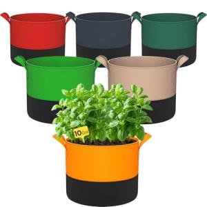 RVZHI 10 Gallon Grow Bags: 6 Pack 350G Heavy Duty Thickened Colorful Potato Grow Bags with Handles - Felt Nonwoven Garden Fabric Bags Gardening Pots for Vegetable Fruit Flowers Herbs Tomato Growing