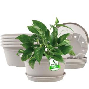 NNARRE 6 Pack 10 inch Plant Pot, Outdoor Pots for Plants with Drainage Hole & Tray Saucer, Round Plastic Plant Pot, Decoration Flower Pots for Indoor Plants Home Garden Outdoor Planters (Gray White)
