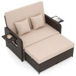 Tangkula Patio Rattan Daybed with 4-Level Adjustable Backrest, Outdoor PE Wicker Loveseat with Storage Ottoman & Folding Side Tray, Double Sunbed Lounger for Balcony, Backyard & Poolside