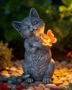 VMANYFIRE 10 Inch Solar Cat Garden Statue with Butterfly LED Light - Unique Gifts for Mom Women Grandma, Sculpture Outdoor Decor for Patio, Porch, Yard, Lawn, Balcony
