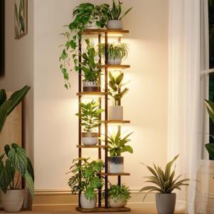 Bamworld Plant Stand with Grow Light for Indoor Plants Corner 7 Tier Metal Plant Shelf Wood Flower Stand for Home Living Room Decor Patio Decor