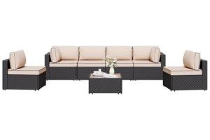 Shintenchi 7 Pieces Outdoor Patio Sectional Sofa Couch, Wicker Furniture Conversation Sets with Washable Cushions & Glass Coffee Table for Garden, Poolside, Backyard (Khaki)