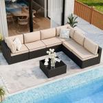 Shintenchi 7 Pieces Outdoor Patio Sectional Sofa Couch, Wicker Furniture Conversation Sets with Washable Cushions & Glass Coffee Table for Garden, Poolside, Backyard (Khaki)