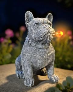 Miggley Dog Solar Garden Statue with LED Light - Outdoor Yard, Lawn, Patio French Bulldog Decor - Unique Birthday Housewarming Gift for Dad, Mom, Men, Women