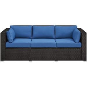 Yaheetech 3-Seat Patio Wicker Sofa, Outdoor Rattan Couch with Furniture Cover, Deep Seat High Back with Cushions & Throw Pillows for Deck/Porch/Balcony/Yard, Brown/Dark Blue