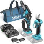 SEESII Mini Chainsaw & Electric Pruning Shears Combo, 6-inch Brushless Handheld Power Chain Saw, 1.2” Cutting Cordless Pruner for Tree Trimming, Tools Kit with 2x2000mAh Batteries, Fast Charger