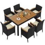 Yaheetech 7 Piece Patio Furniture Set, Outdoor Dining Acacia Wood Table Top Rattan Conversation Set with Soft Cushions, 6 Chairs & 1 Table for Backyard, Deck, Garden & Yard, Black/Beige