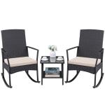 Greesum 3 Pieces Patio Furniture Set Outdoor Wicker Rocking Chairs with Glass Coffee Table for Garden Backyard Porch Poolside, Beige