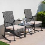 Greesum 3 Pieces Patio Furniture Set Outdoor Wicker Rocking Chairs with Glass Coffee Table for Garden Backyard Porch Poolside, Beige