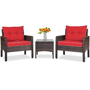Tangkula 3 Piece Outdoor Patio Furniture Set, Wicker Chairs Set with Glass Top Coffee Table, Thick Cushions, All Weather Garden Lawn Poolside Backyard Porch Furniture Set for 2 (Red)