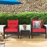 Tangkula 3 Piece Outdoor Patio Furniture Set, Wicker Chairs Set with Glass Top Coffee Table, Thick Cushions, All Weather Garden Lawn Poolside Backyard Porch Furniture Set for 2 (Red)