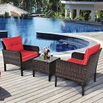 Tangkula 3 Piece Outdoor Patio Furniture Set, Wicker Chairs Set with Glass Top Coffee Table, Thick Cushions, All Weather Garden Lawn Poolside Backyard Porch Furniture Set for 2 (Red)
