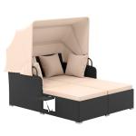 Tangkula Patio Rattan Daybed with Retractable Canopy, Outdoor Wicker Sunbed Lounger with 2 Foldable Side Tables, Thick Seat & Back Cushions, Outside Double Daybed for Garden, Backyard, Porch