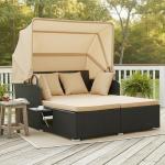 Tangkula Patio Rattan Daybed with Retractable Canopy, Outdoor Wicker Sunbed Lounger with 2 Foldable Side Tables, Thick Seat & Back Cushions, Outside Double Daybed for Garden, Backyard, Porch