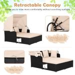 Tangkula Patio Rattan Daybed with Retractable Canopy, Outdoor Wicker Sunbed Lounger with 2 Foldable Side Tables, Thick Seat & Back Cushions, Outside Double Daybed for Garden, Backyard, Porch