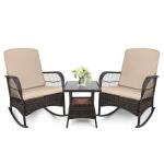 LEVELEVE 3 pcs Rocking Bistro Set Conversation Chairs PE Wicker Outdoor Rocking Chairs & Glass Table,for Porch Lawn Garden Backyard Deck(Rocking Set,Khaki)