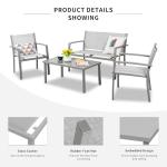 Shintenchi 4 Pieces Patio Furniture Set All Weather Textile Fabric Outdoor Conversation Set, with Glass Coffee Table, Loveseat, 2 Single Chairs for Home, Garden, Lawn, Porch（Silver）