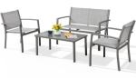Shintenchi 4 Pieces Patio Furniture Set All Weather Textile Fabric Outdoor Conversation Set, with Glass Coffee Table, Loveseat, 2 Single Chairs for Home, Garden, Lawn, Porch（Silver）