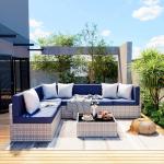 Pamapic 7 Piece Outdoor Sectional Sofa Set, All-Weather Patio Furniture with Washable Cushions, Waterproof Gray Rattan Wicker Conversation Set for Backyard, Poolside, Garden (Navy Blue Cushions)