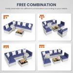 Pamapic 7 Piece Outdoor Sectional Sofa Set, All-Weather Patio Furniture with Washable Cushions, Waterproof Gray Rattan Wicker Conversation Set for Backyard, Poolside, Garden (Navy Blue Cushions)