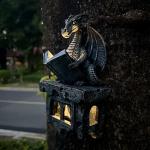 Garden Dragon Statue Tree Hugger Solar Powered Outdoor Figurine Wall Hanging Decor Cute and Reading Magic Book Resin Sculpture Home Decoration Porch Patio Lawn Farm Yard Housewarming Ornament Gift
