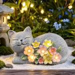LEAESMHR Solar Cat Outdoor Statue, Resin Solar Cat Lights with Flower for Outside, Garden Cats Figurine for Lawn Porch Yard Art - Birthday Gifts for Mom Grandma Women