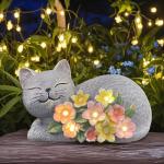 LEAESMHR Solar Cat Outdoor Statue, Resin Solar Cat Lights with Flower for Outside, Garden Cats Figurine for Lawn Porch Yard Art - Birthday Gifts for Mom Grandma Women