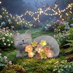 LEAESMHR Solar Cat Outdoor Statue, Resin Solar Cat Lights with Flower for Outside, Garden Cats Figurine for Lawn Porch Yard Art - Birthday Gifts for Mom Grandma Women