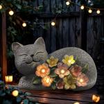LEAESMHR Solar Cat Outdoor Statue, Resin Solar Cat Lights with Flower for Outside, Garden Cats Figurine for Lawn Porch Yard Art - Birthday Gifts for Mom Grandma Women