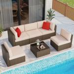 Shintenchi 6 Pieces Patio Furniture Sets Outdoor All-Weather Sectional Patio Sofa Set PE Rattan Manual Weaving Wicker Patio Conversation Set with Glass Table&Ottoman Cushion and Red Pillows, Beige