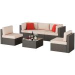 Shintenchi 6 Pieces Patio Furniture Sets Outdoor All-Weather Sectional Patio Sofa Set PE Rattan Manual Weaving Wicker Patio Conversation Set with Glass Table&Ottoman Cushion and Red Pillows, Beige