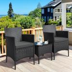 Yaheetech 3 Pieces Patio Porch Furniture Set, Outdoor PE Rattan Wicker Conversation Set with Soft Cushions, Glass Coffee Table & 2 Chairs for Garden/Deck/Courtyard/Poolside, Black/Gray