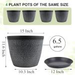 Quarut 4 Pack 15 Inch Large Planter Pot for Plants Outdoor Indoor, Plastic Flower Pots with Drainage Hole & Saucer, Modern Decorative Medium Large Plant Garden Pot, Plant Container for House (Gray)