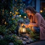 Lyeasw Solar Dog Statues with Lantern – 8.4 inch Waterproof Outdoor Dog Decor for Garden, Yard & Porch, Auto On/Off Solar Light, Gift for Mom & Dog Lovers, Dog Memorial Gifts