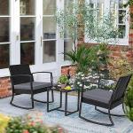 Greesum 3 Pieces Outdoor Furniture Set Patio Bistro Rocking Chairs with Glass Coffee Table for Pool Beach Backyard Balcony Porch Deck Garden, Light Gray