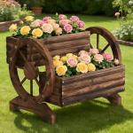 Wooden Wagon Planter Wooden Flower Cart with Wheels Outdoor Garden Planter, Decor Planter for Patio Balcony Decoration Succulent Flower Pot for Indoor Backyard Balcon planters (Carbonized)