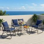 DUMOS Outdoor 4 Piece Patio Furniture Set, Wicker Patio Set with Thick Sandwich Structure Cushions, Deep Seating All-Weather Rattan Sofa and Functional Glass Table for Porch, Lawn, Grey