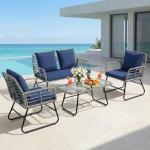 DUMOS Outdoor 4 Piece Patio Furniture Set, Wicker Patio Set with Thick Sandwich Structure Cushions, Deep Seating All-Weather Rattan Sofa and Functional Glass Table for Porch, Lawn, Grey