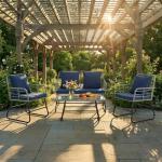 DUMOS Outdoor 4 Piece Patio Furniture Set, Wicker Patio Set with Thick Sandwich Structure Cushions, Deep Seating All-Weather Rattan Sofa and Functional Glass Table for Porch, Lawn, Grey