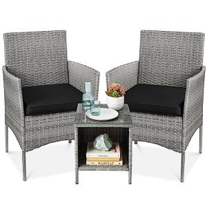 Best Choice Products 3-Piece Outdoor Wicker Conversation Bistro Set, Space Saving Patio Furniture for Garden w/Side Table - Gray/Black