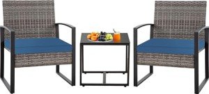 Seogwisam 3 Pieces Patio Furniture Set, Outdoor Wicker Conversation Bistro Set w/ 2 Chairs, 2 Cushions, Glass Coffee Table for Garden Balcony Backyard Porch Lawn - Grey Wicker & Blue Cushions