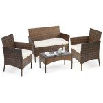 Sweetcrispy Patio Furniture Set 4 Pieces, Outdoor Furniture with Soft Cushion and Glass Table, All Weather Manual Weaving Wicker Rattan Patio Chairs for Garden, Terrace, Porch, Lawn (Brown and Beige)