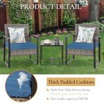 Seogwisam 3 Pieces Patio Furniture Set, Outdoor Wicker Conversation Bistro Set w/ 2 Chairs, 2 Cushions, Glass Coffee Table for Garden Balcony Backyard Porch Lawn - Grey Wicker & Blue Cushions