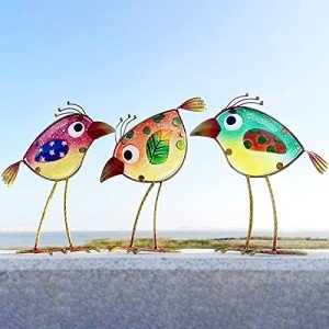 Colorful Metal and Glass Bird Garden Decor Set