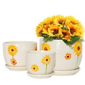 Set of 3 Ceramic Sunflower Plant Pots