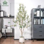 5FT Tall Faux Olive Tree with White Planter